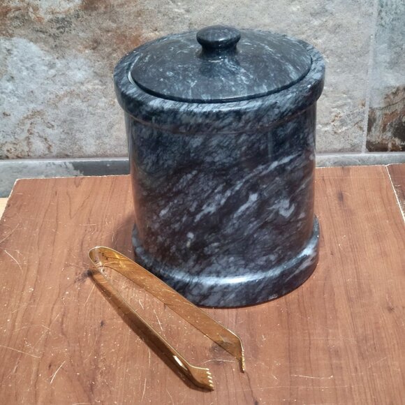 Vintage Dark Grey Heavy Marble Ice Bucket Matching Lid Pair Gold Toned Metal To - Picture 10 of 10